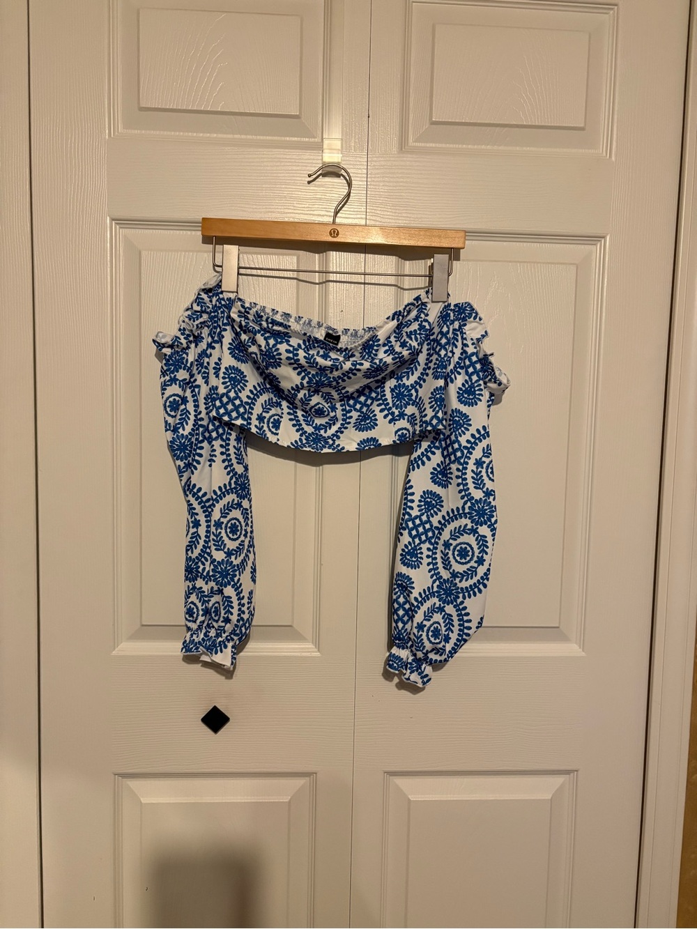 SHEIN White and Blue Floral Off-Shoulder Crop Top